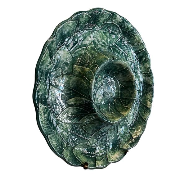 Green Leaves Chips and Dip Platter Ceramic Made in Italy - Picture 2 of 6